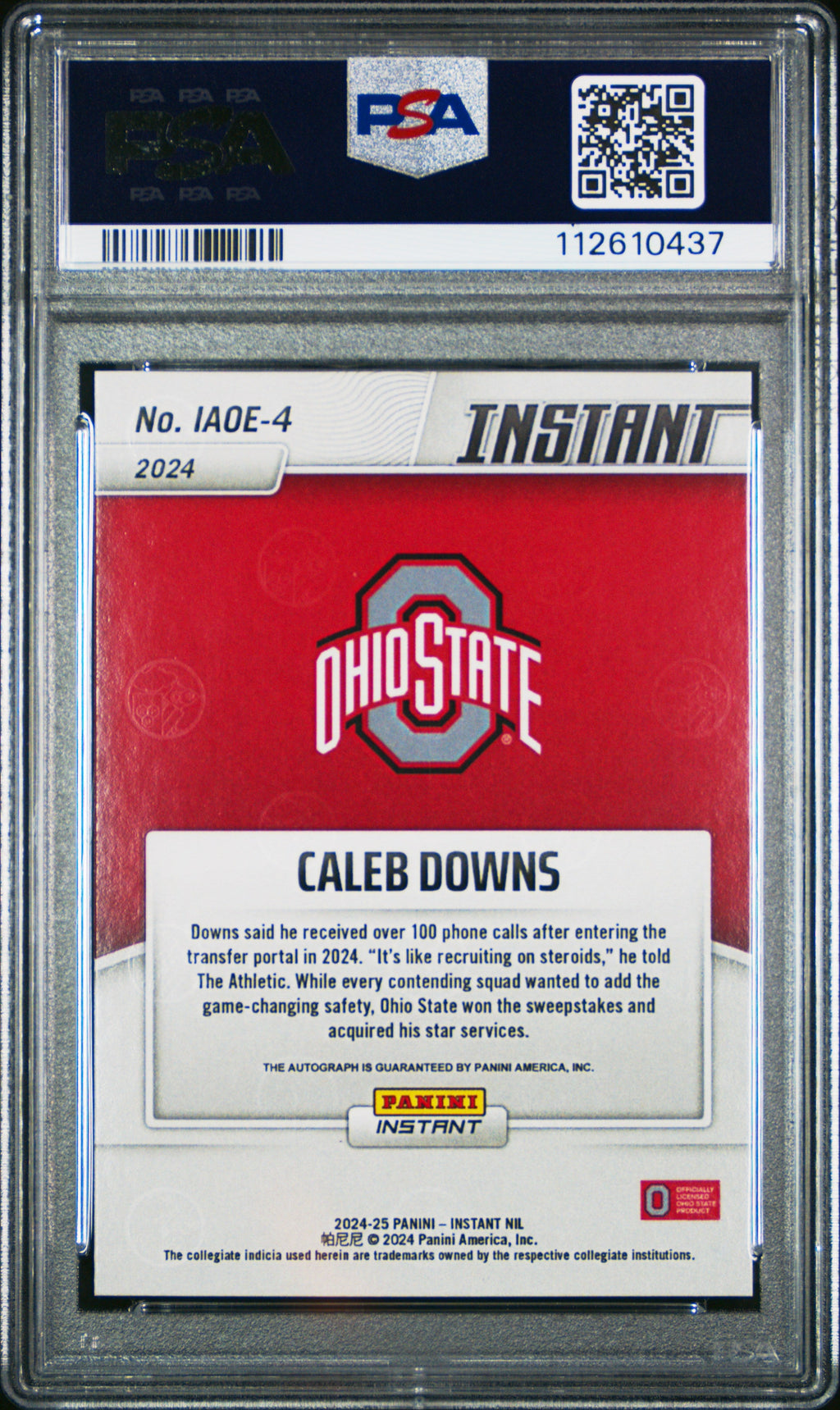 2024 Caleb Downs 2024 Panini Instant NIL College Football Open Edition Autographs #IAOE4 PSA 10 Gem Mint