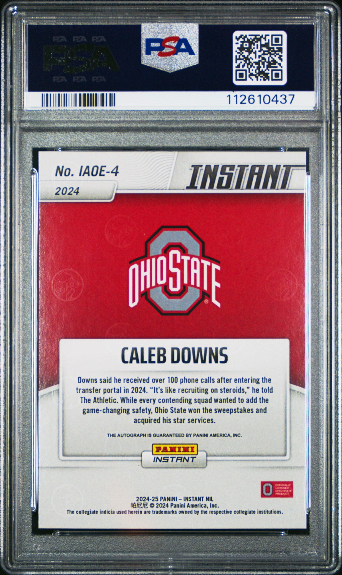 2024 Caleb Downs 2024 Panini Instant NIL College Football Open Edition Autographs #IAOE4 PSA 10 Gem Mint