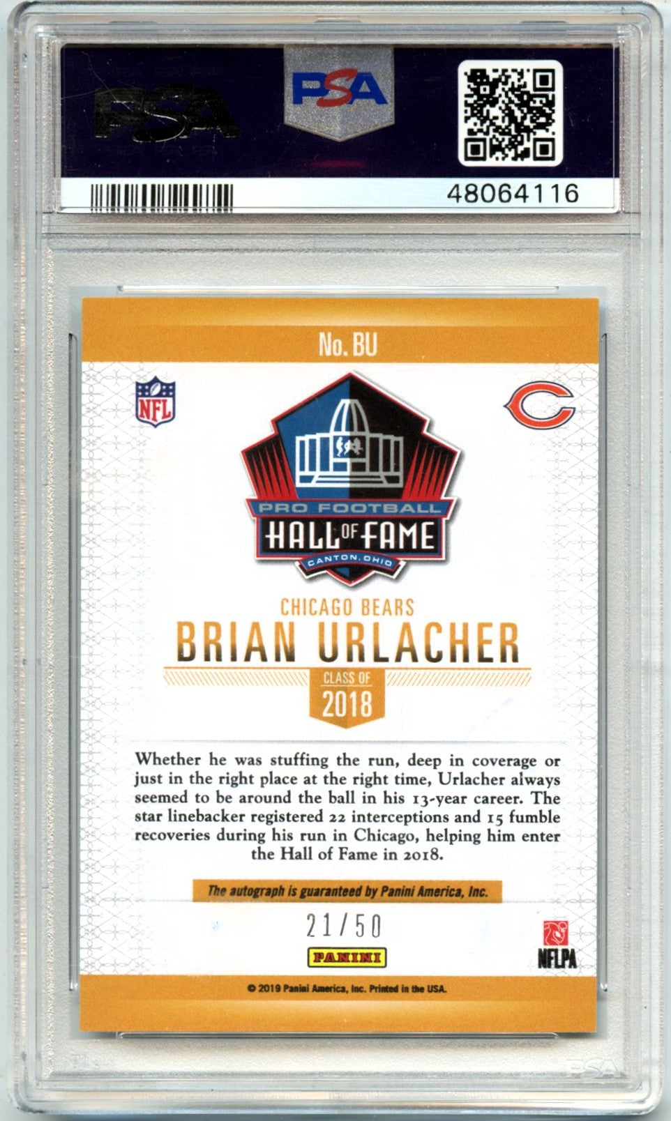 2019 Brian Urlacher 2019 Panini National Convention Vip Hall Of Fame Auto SP 21/50 PSA 9 Mint