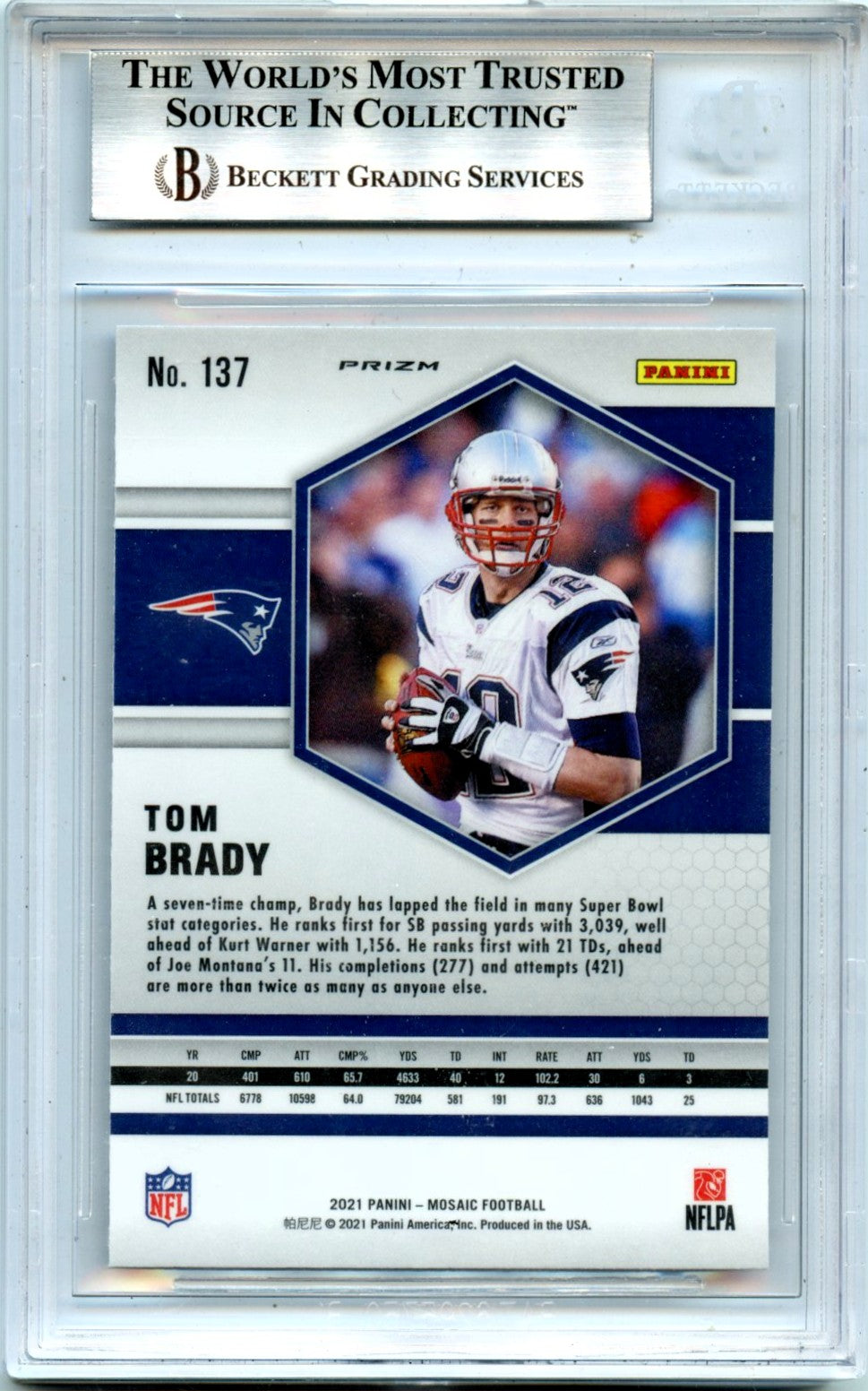 2021 Tom Brady 2021 Panini Mosaic Genesis Prizm Retail SSP #137 BGS 9 Mint