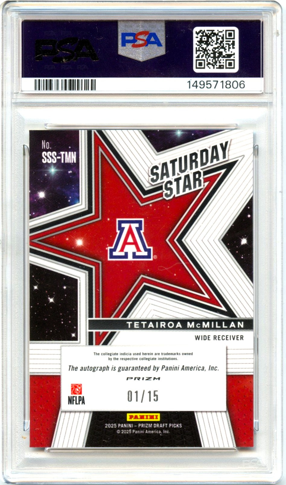 2025 Tetairoa Mcmillan RC 2025 Panini Prizm Draft Gold Shimmer Saturday Star Rookie Auto SP 1/15 PSA 10 Gem Mint