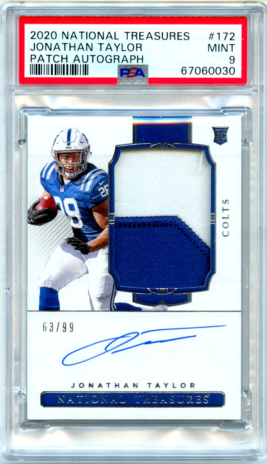 2020 Jonathan Taylor RC 2020 National Treasures Rookie Patch Auto SP 63/99 PSA 9 Mint