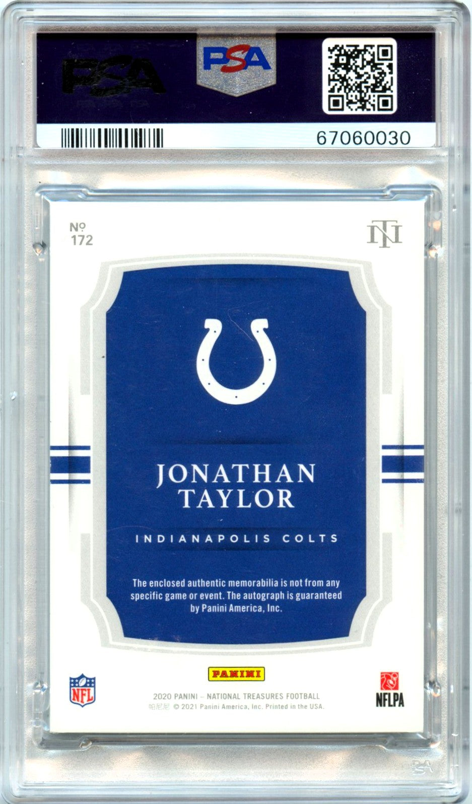 2020 Jonathan Taylor RC 2020 National Treasures Rookie Patch Auto SP 63/99 PSA 9 Mint