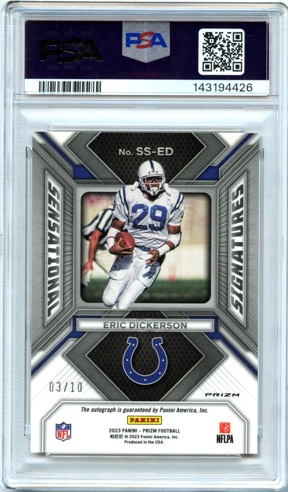 2023 Eric Dickerson 2023 Panini Prizm Gold Sensational Auto SP 3/10 PSA 10 Gem Mint