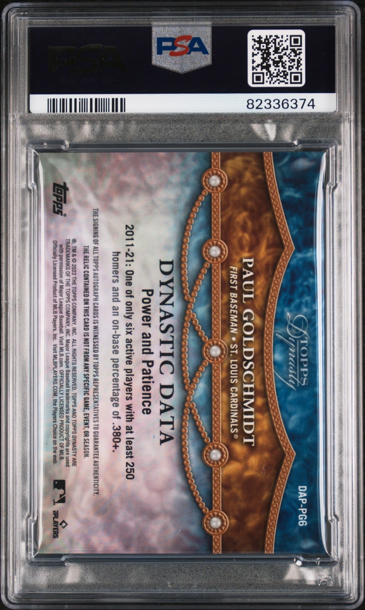 2022 Paul Goldscmidt 2022 Topps Dynasty Game Used Patch Auto SP 2/10 PSA 10 Gem Mint