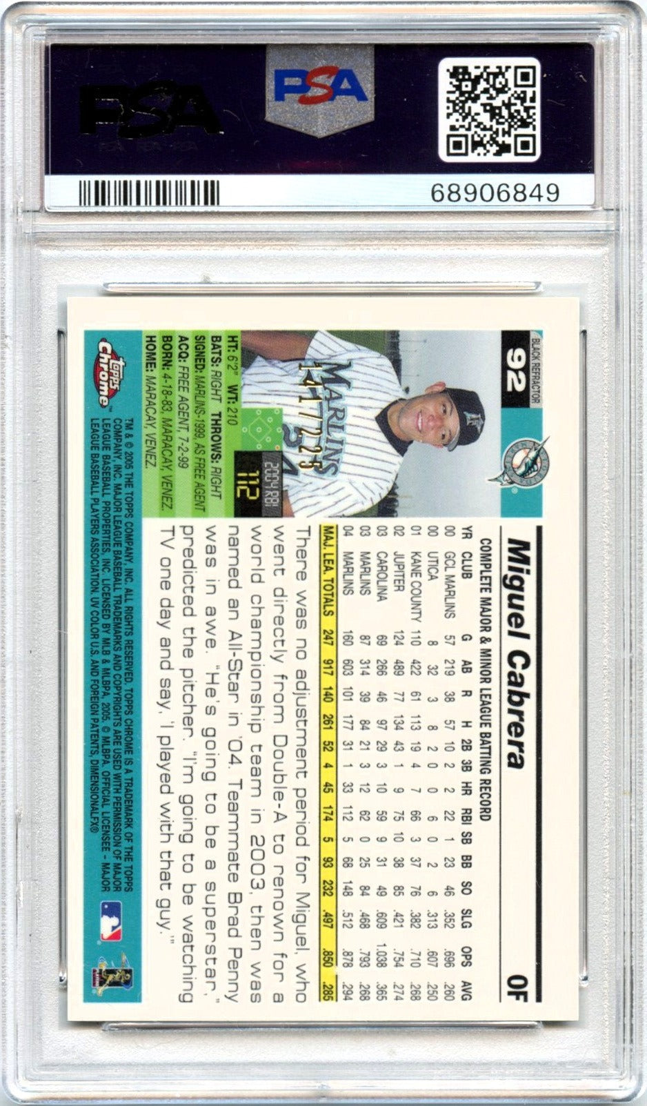 2005 Miguel Cabrera 2005 Topps Chrome Black Refractor SP 141/225 PSA 9 Mint