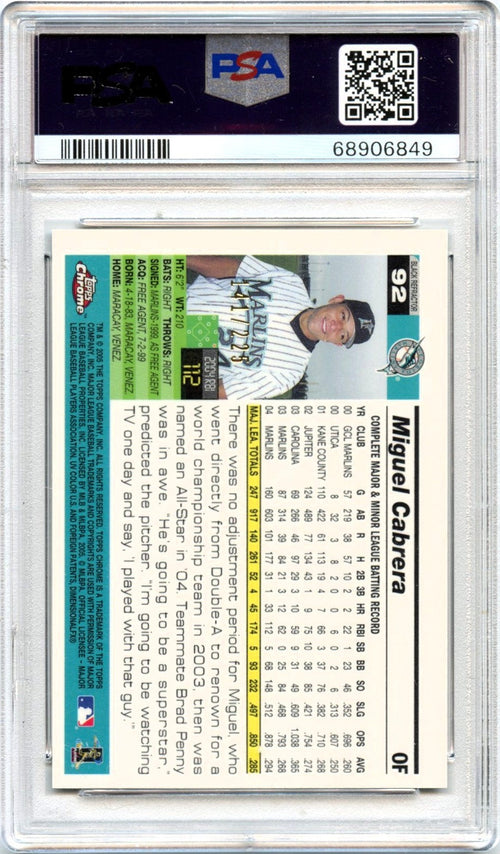 2005 Miguel Cabrera 2005 Topps Chrome Black Refractor SP 141/225 PSA 9 Mint