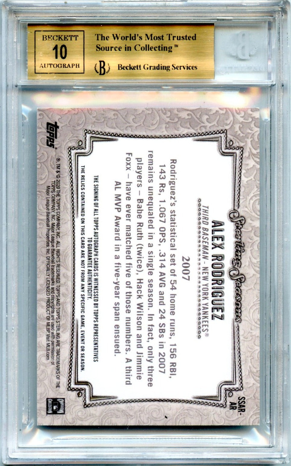 2020 Alex Rodriguez 2020 Topps Sterling Blue Game Used Patch Auto SP 7/10 BGS 9.5 Gem Mint