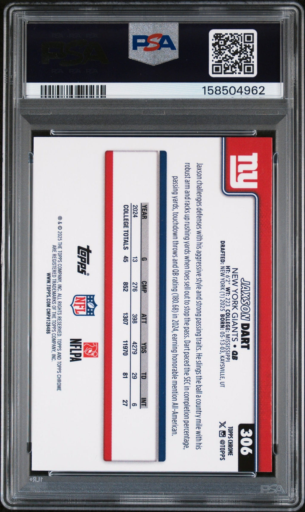 2025 Jaxson Dart RC 2025 Topps Chrome Variation Rookie #306 PSA 8 Near Mint-Mint