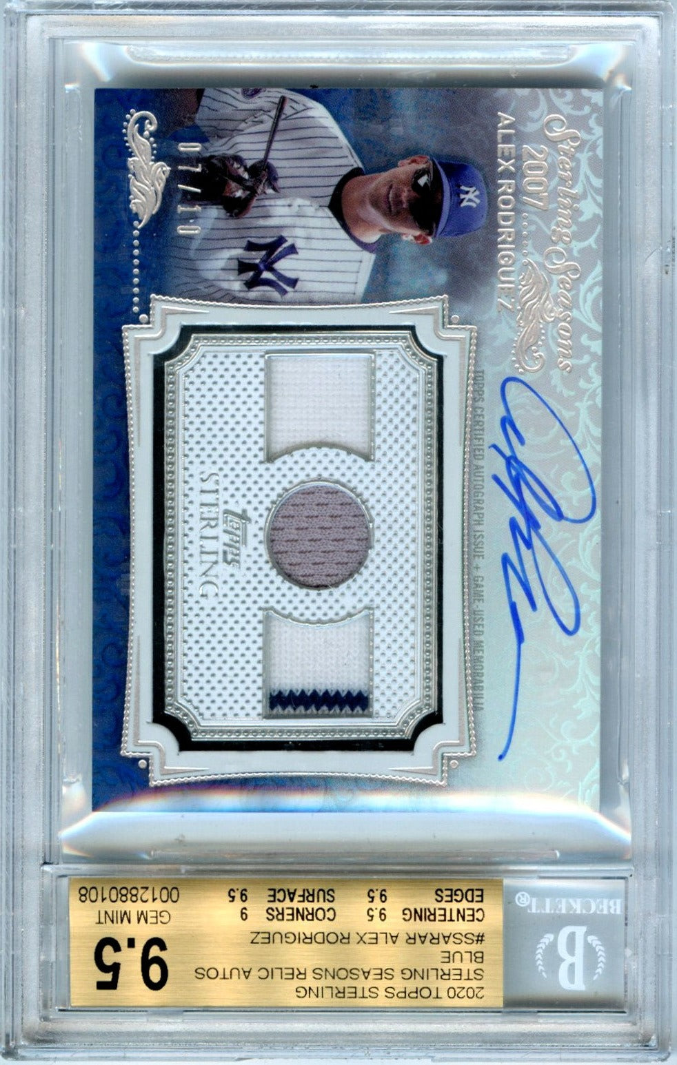2020 Alex Rodriguez 2020 Topps Sterling Blue Game Used Patch Auto SP 7/10 BGS 9.5 Gem Mint